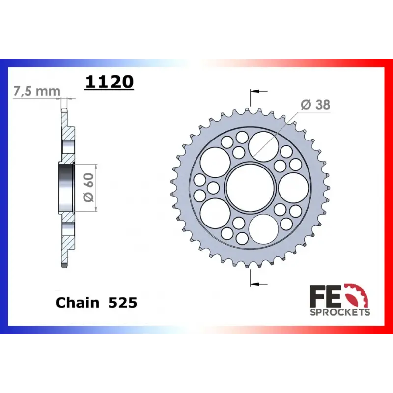 Couronne Acier 42 dents pour chaine 525 – France Equipement 9430.1120.42 Haute Qualité