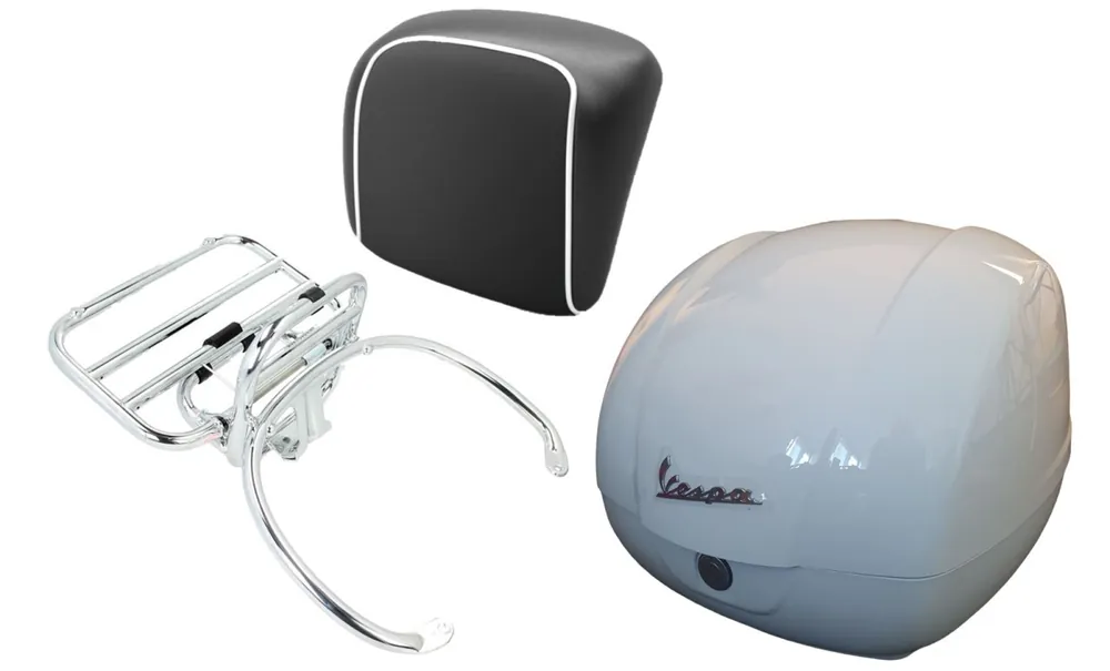 Kit top case 36L blanc (B04), porte-bagages chromé coussin dorsal noir, passepoil blanc pour Vespa GTS Meilleur Choix