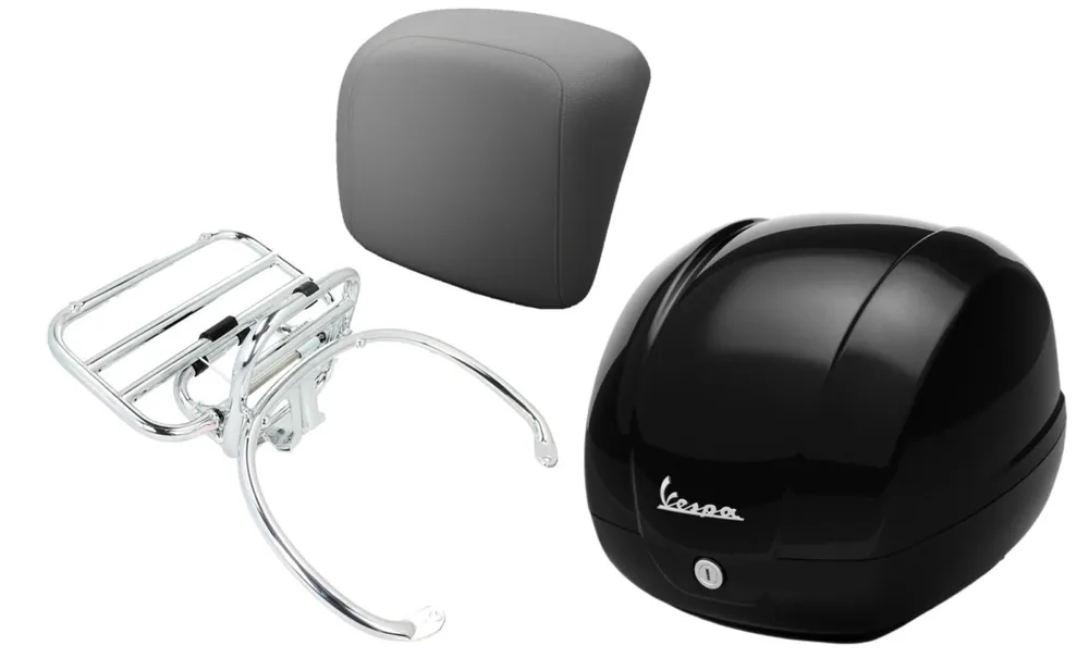 Promotion Kit top case 36L nero cosmo (98/A), porte-bagages chrome, coussin dorsal gris pour Vespa GTS 125/300/310