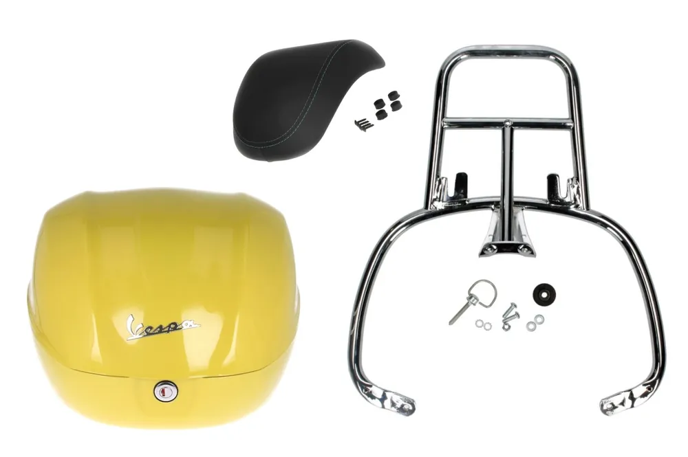 Kit top case 32L jaune (L08), coussin dorsal noir pour Vespa Primavera Meilleure Vente