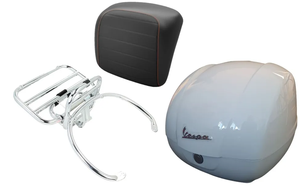 Super Prix Kit top case 36L blanc, porte-bagages chrome, coussin dorsal noir avec couture orange pour Vespa GTS