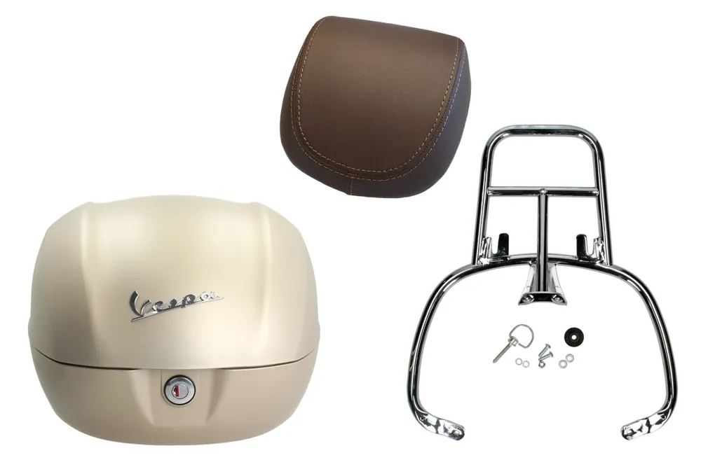 Kit top case 32L beige unico mat opaco, coussin dorsal marron, porte-bagages chromé pour Primavera Meilleur Choix